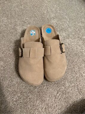 Tan Suede Slip-On Clogs with Buckle Accent